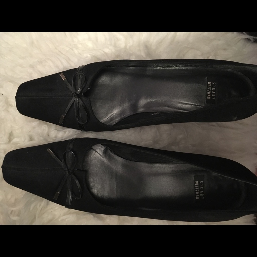Stuart Weitzmann Square Toe Kitten Heels with Bow